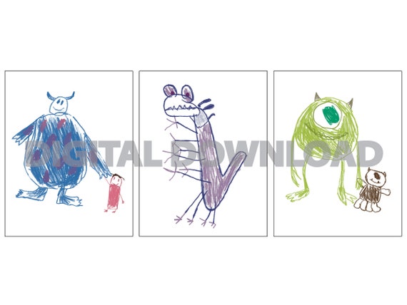 Monsters inc boos drawings of sully mike randall print from home digital download party decoration printables