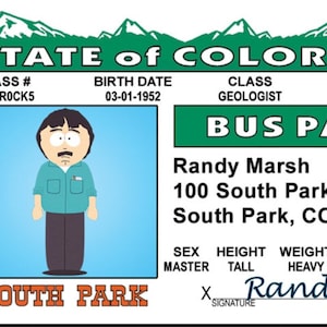 Randy marsh of south park license on a laminated id card inches by inchesa gag gift for him or her