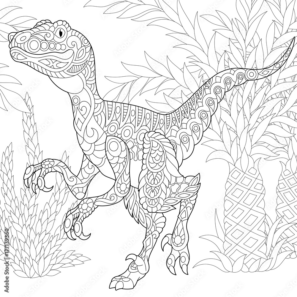 Coloring page of velociraptor dinosaur of the late cretaceous period freehand sketch drawing for adult antistress coloring book in zentangle style vector