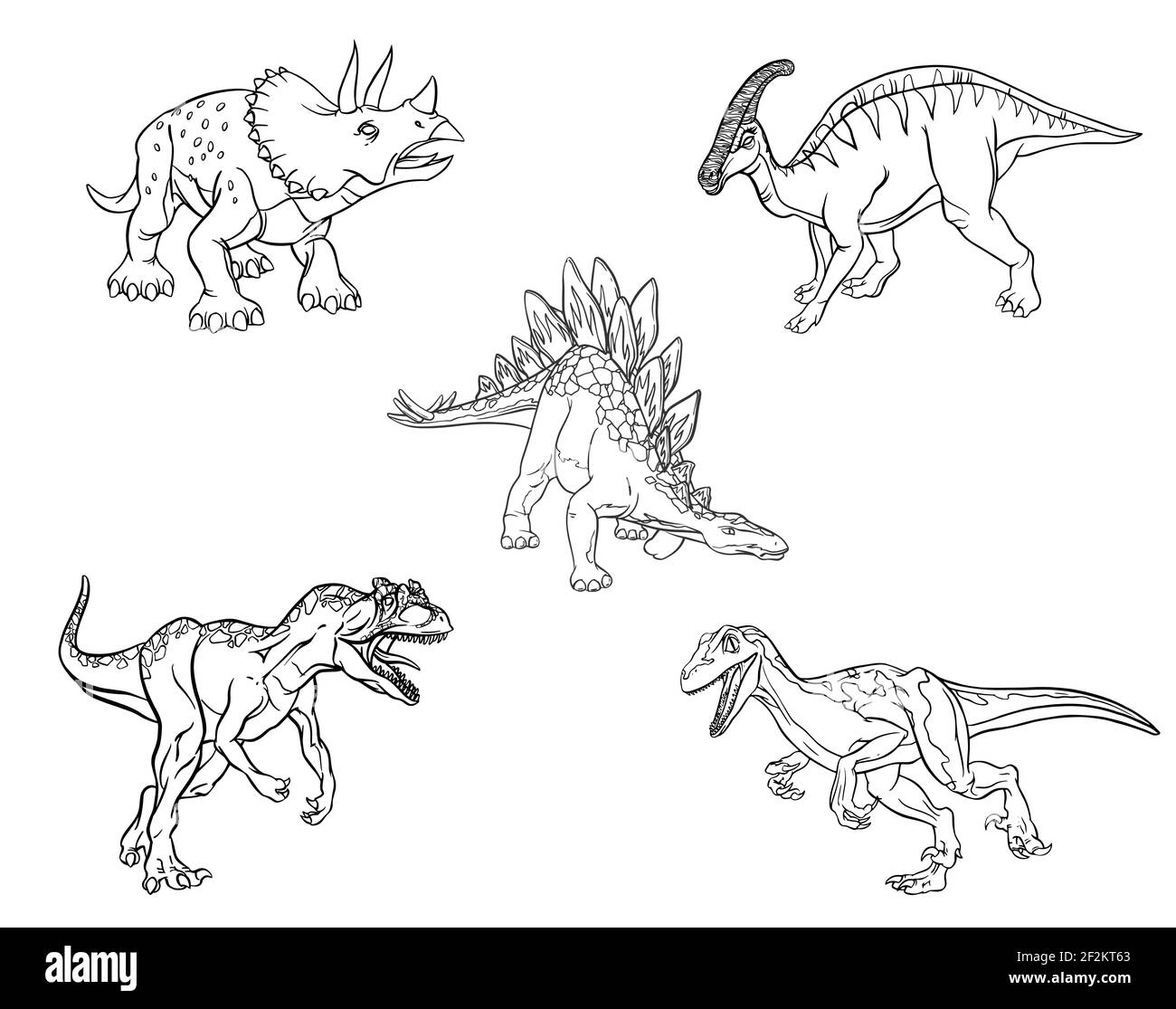 Set of linear sketches of dinosaurs for coloring pages isolated on white background stegosaurus triceratops raptor allosaurus hadrosaurus vector stock vector image art