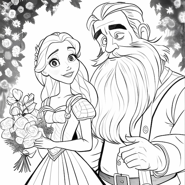 Premium ai image rapunzels magical christmas coloring page with santa claus and tangleds princess