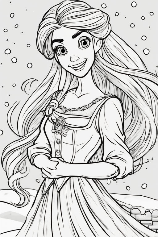 A stunning white ink drawing coloring page of cartoon princess