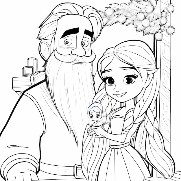 Premium ai image rapunzels magical christmas coloring page with santa claus and tangleds princess