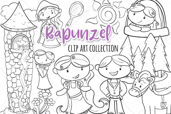 Princess rapunzel fairy tale digital stamps black and white princess coloring pages fairy tale illustrations