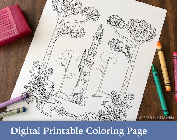 Coloring page digital download tower castle fairy tale trees rapunzel mouse pdf