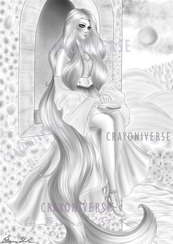 Rapunzel coloring page for adults instant download printable file grayscale illustration jpg and pdf bianca state spring