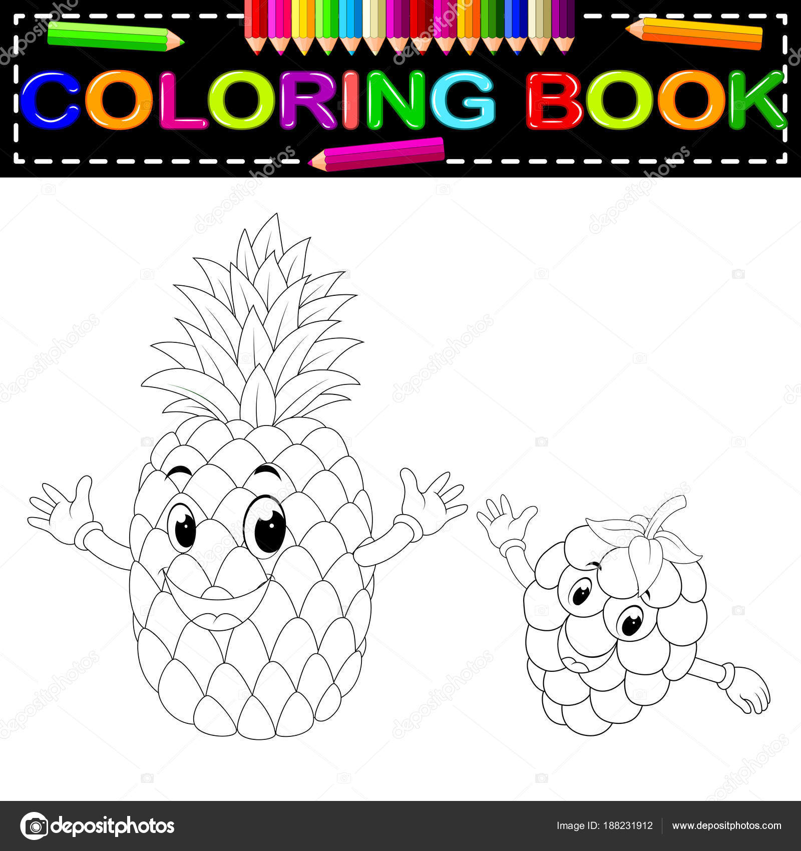 Pineapple raspberry face coloring book stock vector by hermandesigngmail