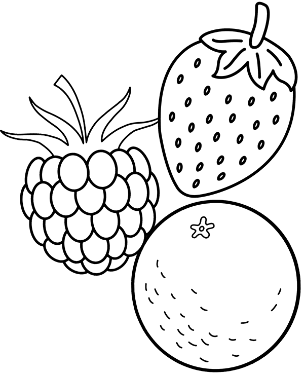 Coloring page presenting a strawberry raspberry and an orange