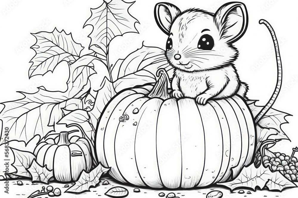 A coloring pages of a cute mouse eating a pumpkin for children and adults generative ai illustration