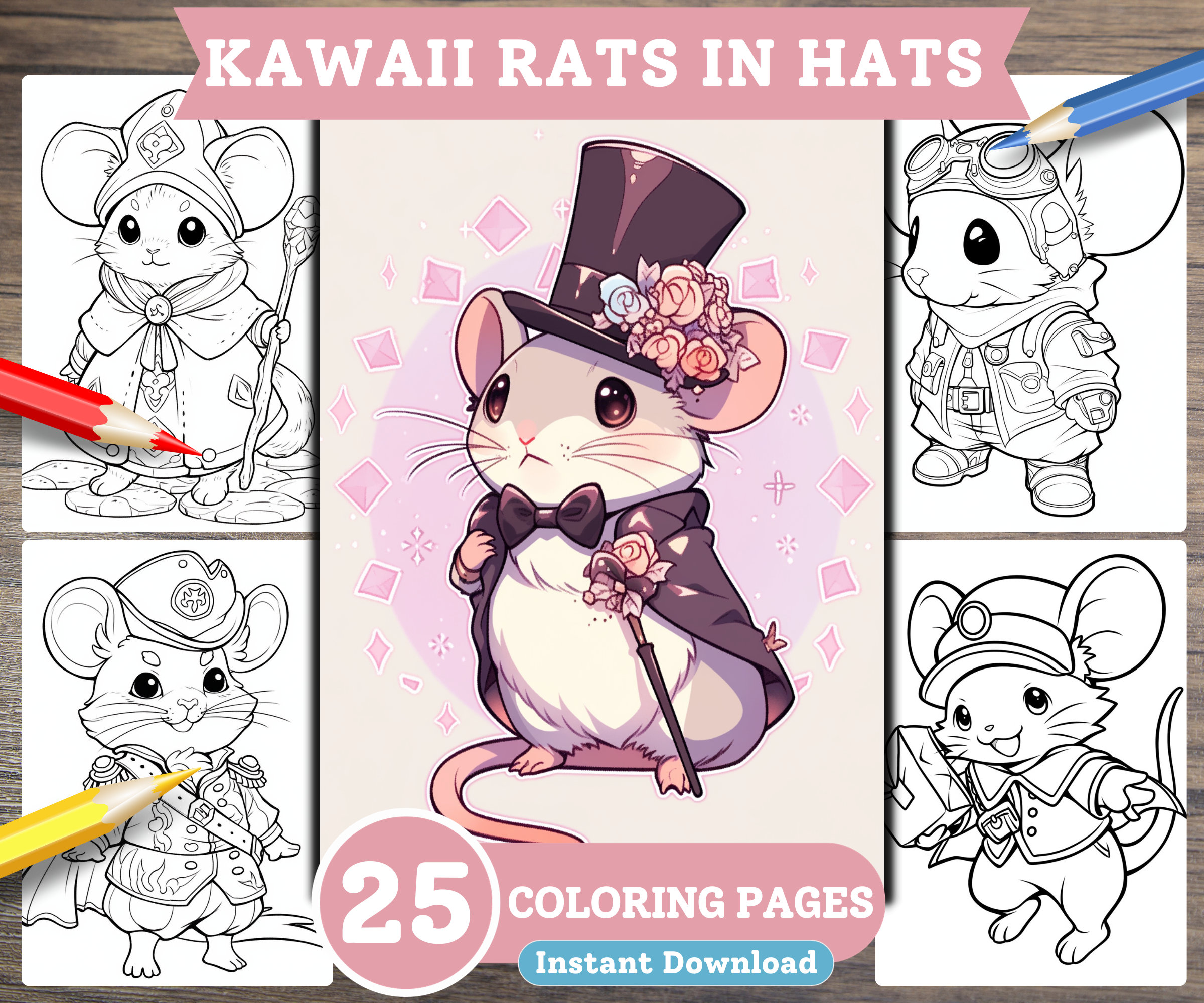 Cute kawaii rats in hats grayscale coloring book pages for adults for kids digital file instant download pdf coloring printable coloring