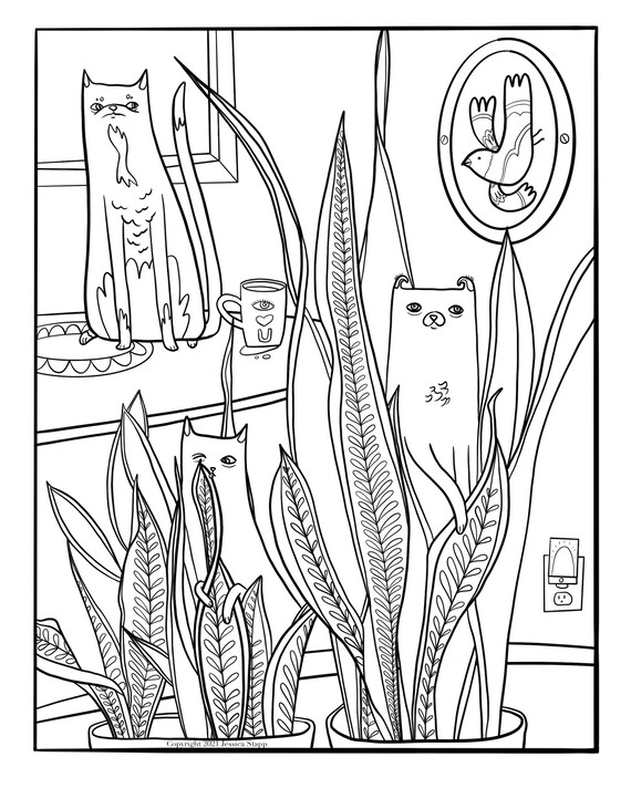 Cats plants coloring page snake plant black white cute sansevieria mothers tongue kids children easy illustration artist