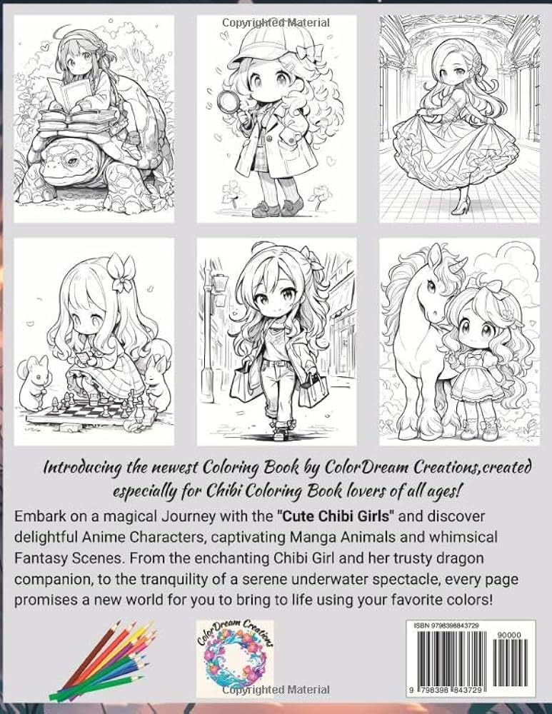Cute chibi girls anime characters manga animals and fantasy scenes coloring book colorful wonderland awaits you