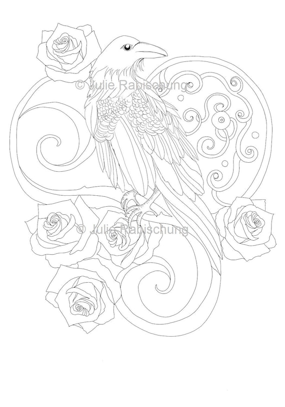 Raven coloring pageprintable raven coloring pagesraven and roses tattooprintable coloring pageadult coloring page adult coloring