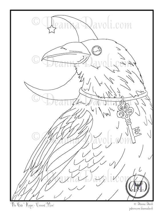 Raven coloring page crow art printable coloring page animal coloring page black bird jpg adult coloring page