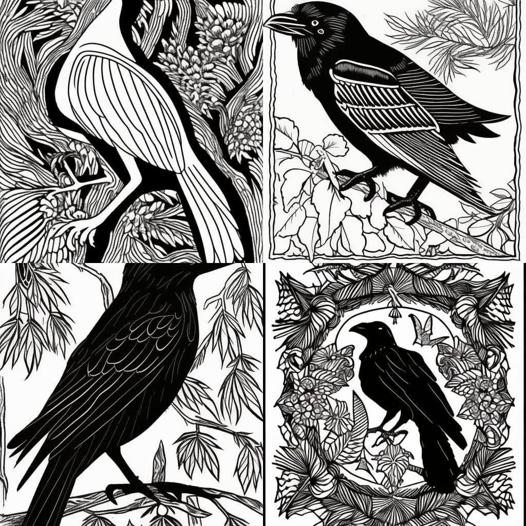 A raven in a coloring book page black and white detailed