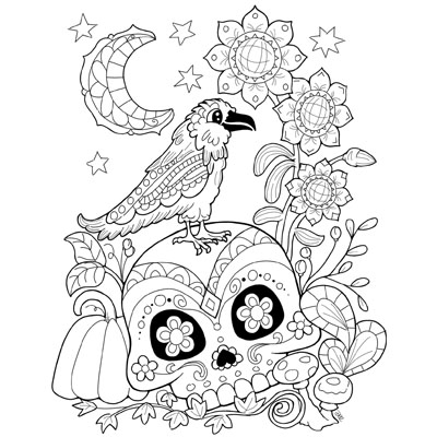 Raven and skull coloring page c