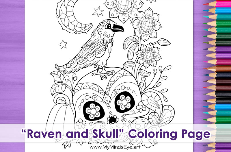 Raven and skull coloring page c