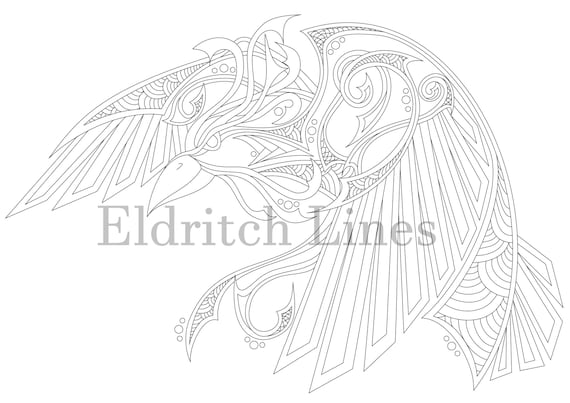 Nordic raven printable adult coloring page lineart pyrography pattern digital download pdf file