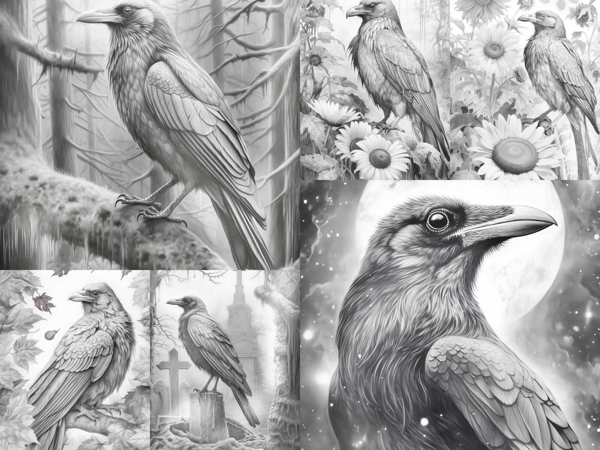 Ravens grayscale coloring pages gothic ravens coloring