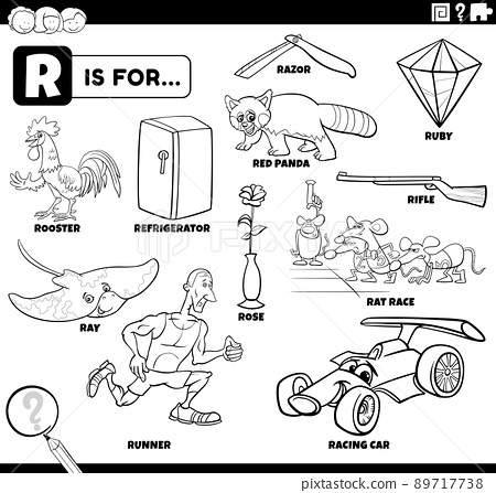 Letter r words educational set coloring book page