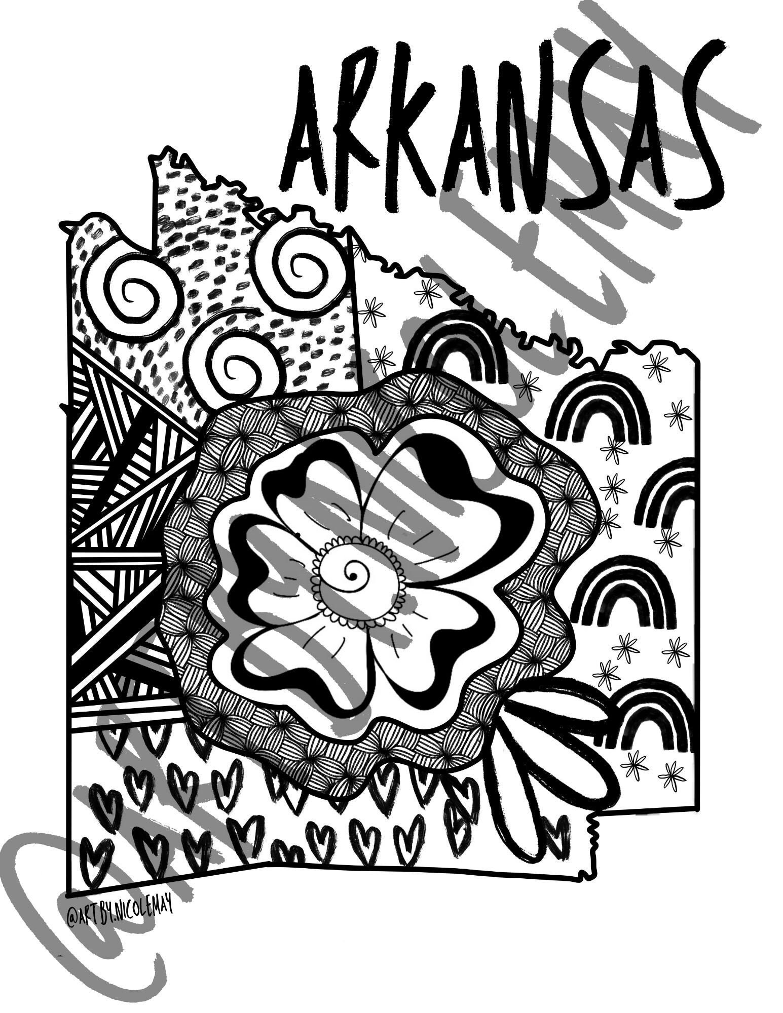 Arkansas state outline zentangle coloring page pdf download printable instant download