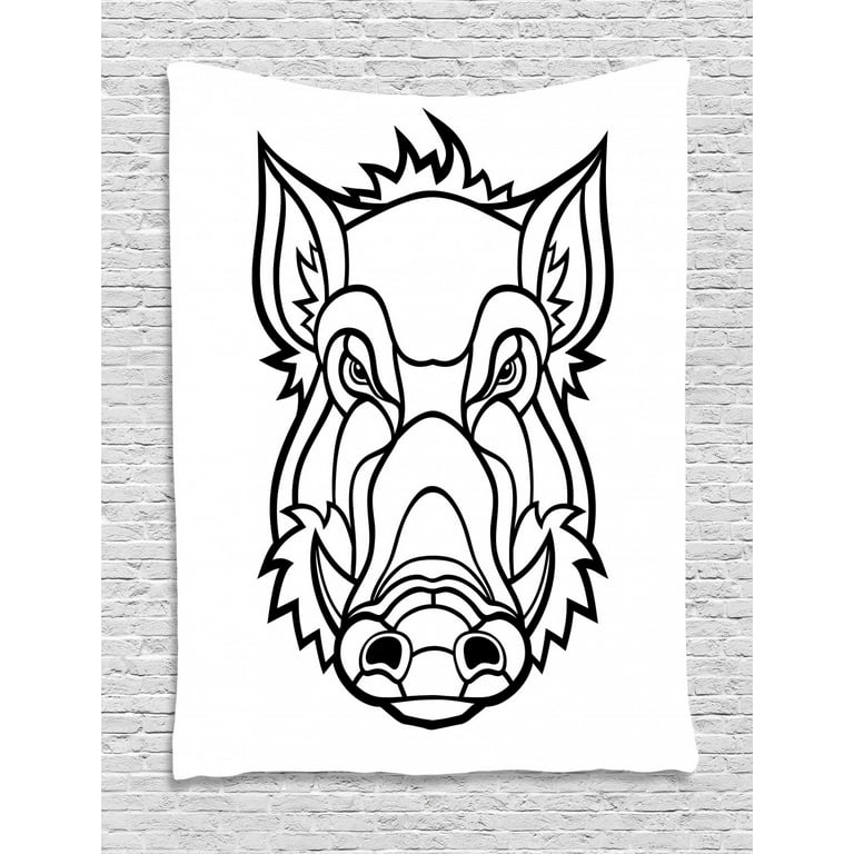 Razorback tapestry uncolored outline design drawing of wild boar pig head illustration wall hanging for bedroom living room dorm decor w x l inches charcoal grey and white by ambesonne