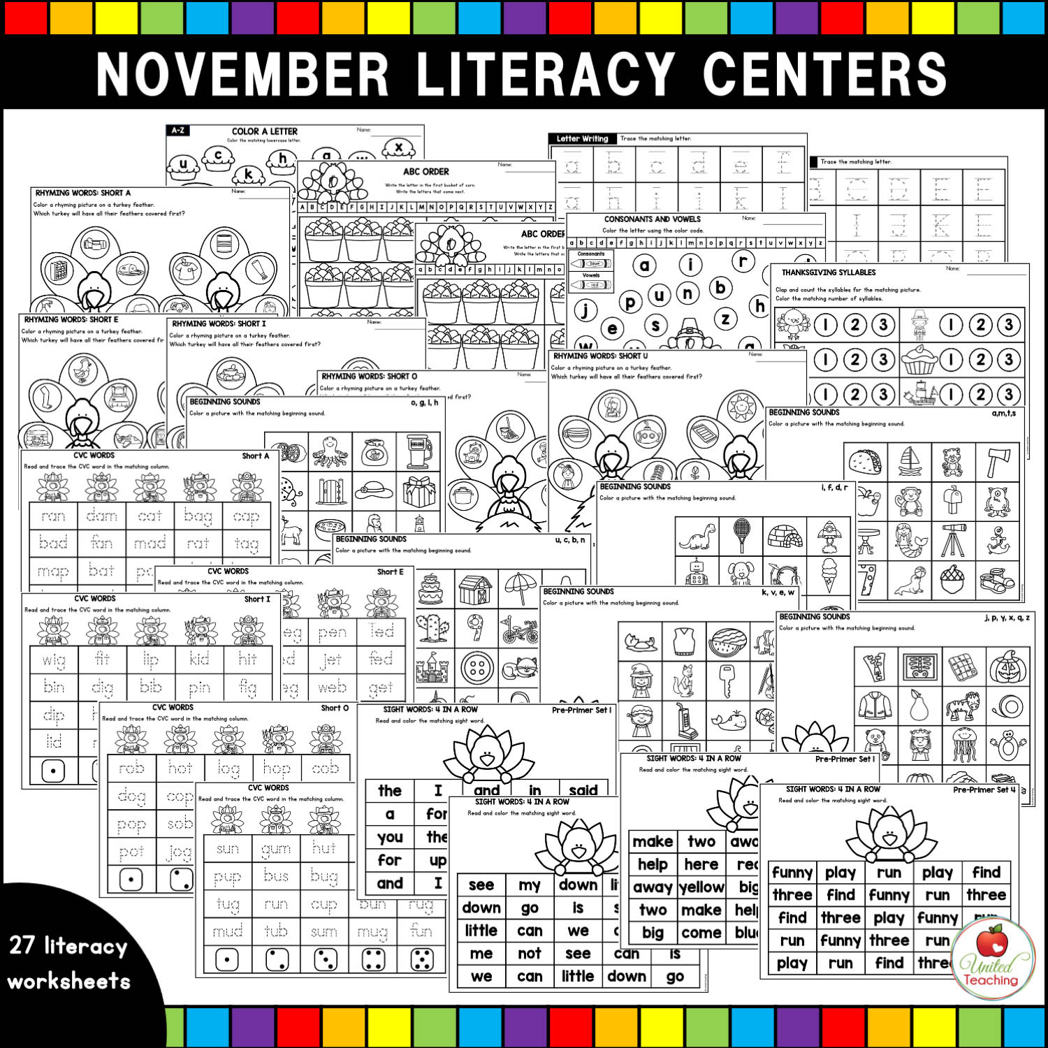 November math and literacy centers for kindergarten