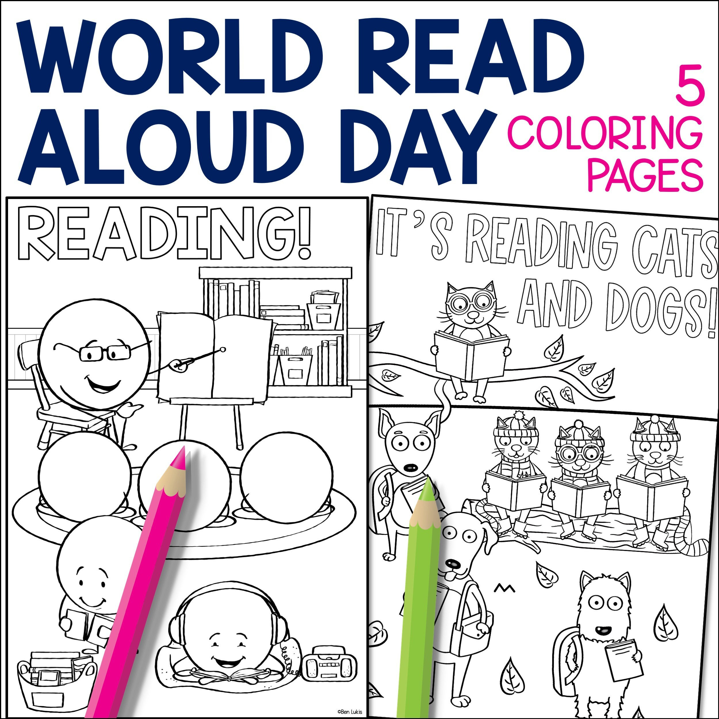 World read aloud day printable coloring pages kids educational activity reading cats and dogs instant download book week