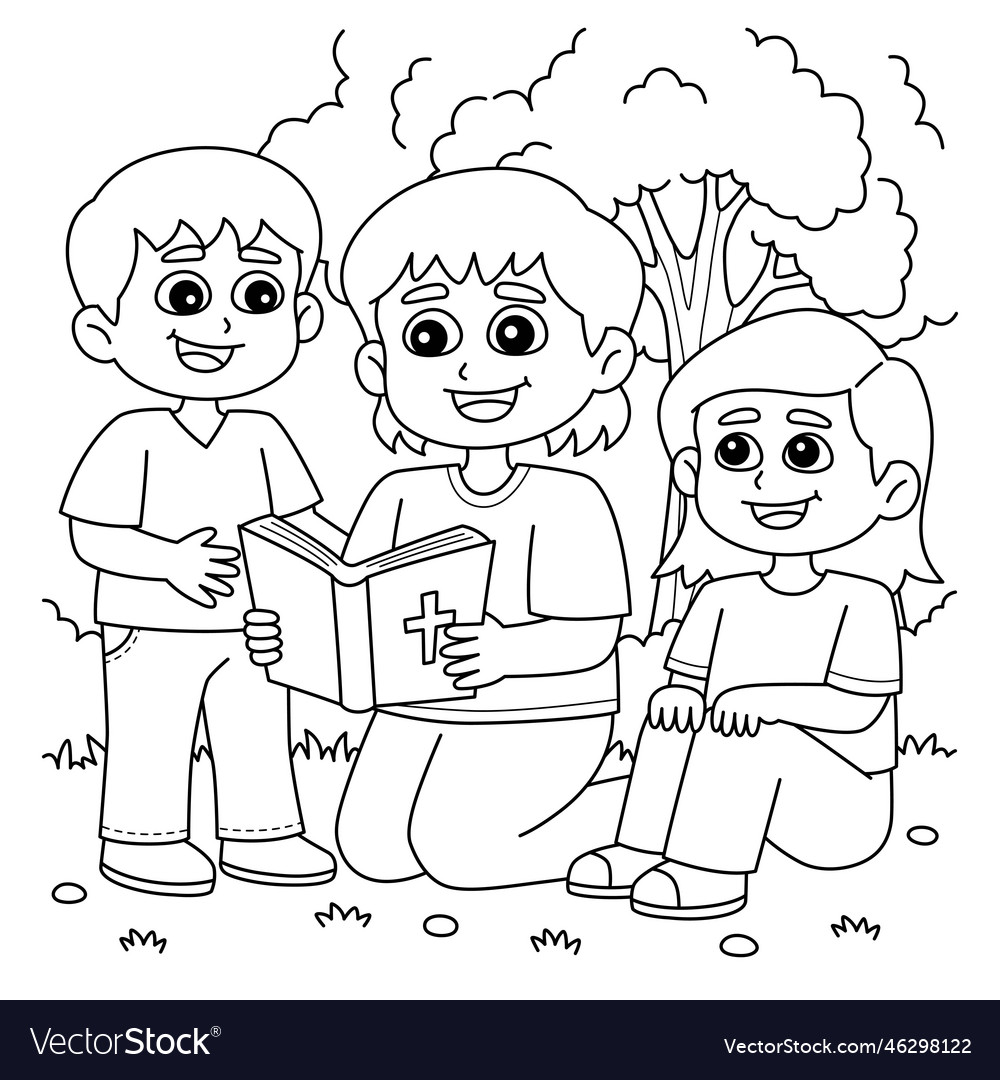 Christian children reading a bible coloring page vector image