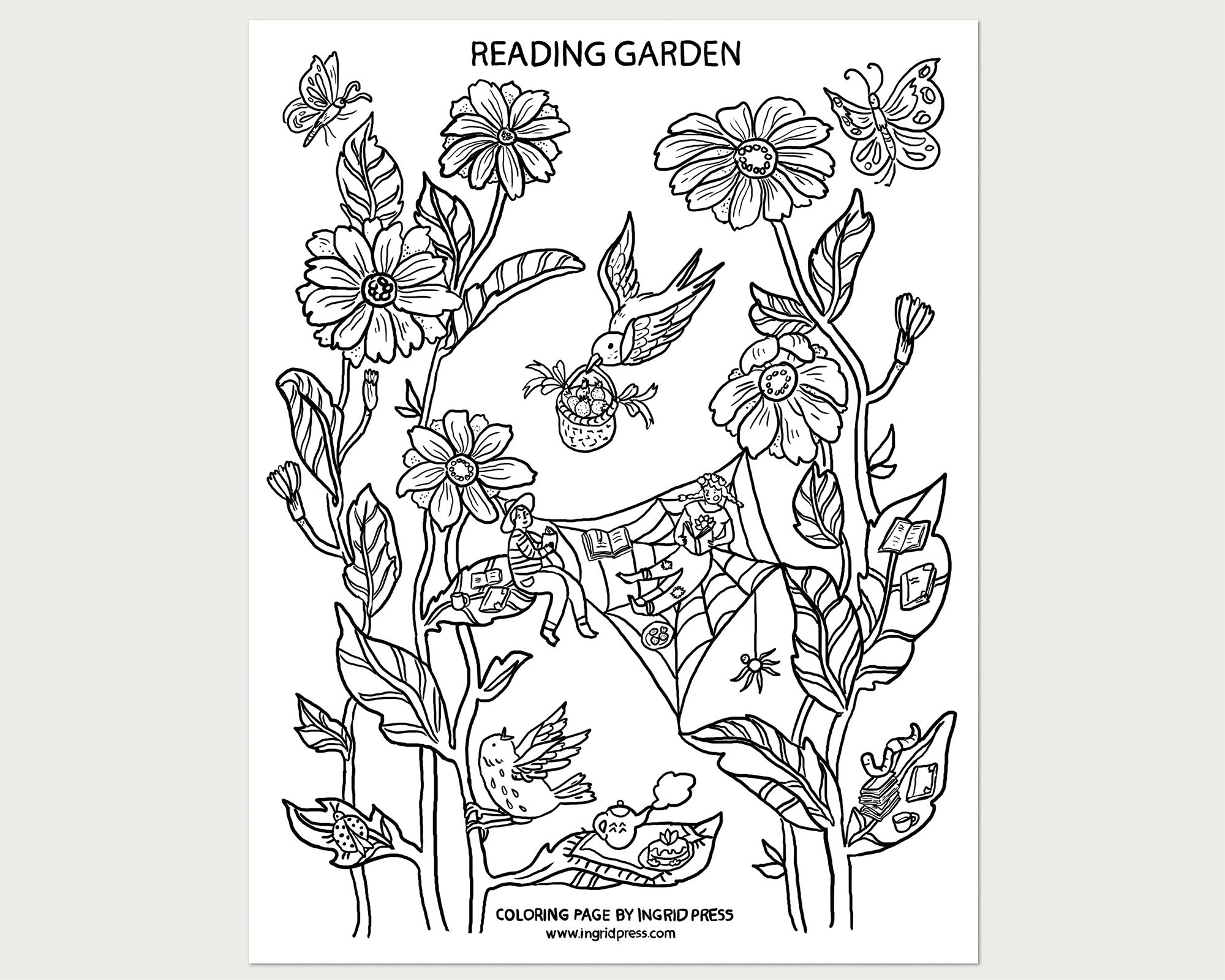 Reading garden coloring page â ingrid press