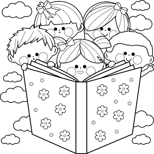 Children reading a book coloring book page stock illustrations royalty