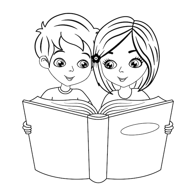 Premium vector children read book for coloring page