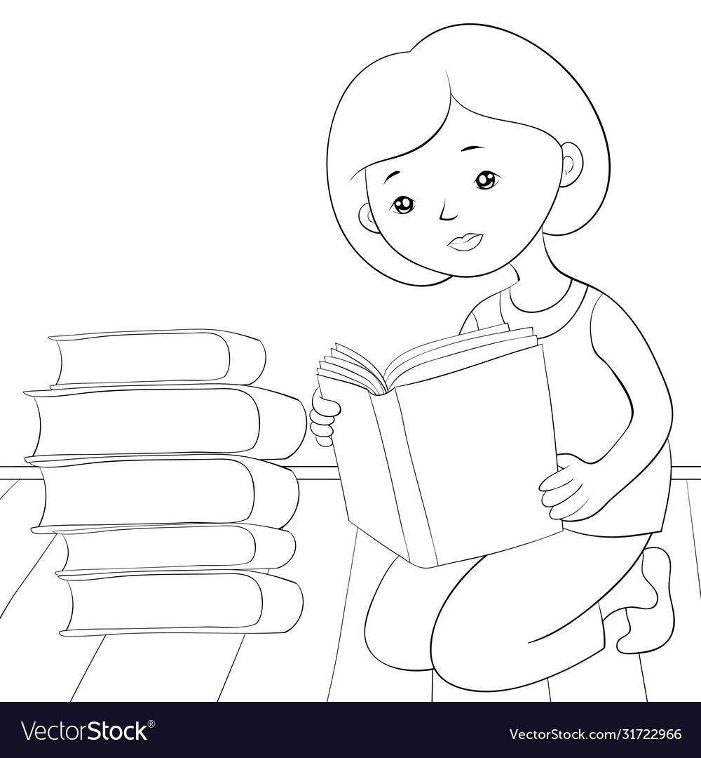A children coloring bookpage reading girl image vector image