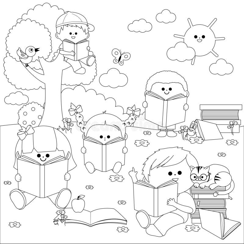 Children reading coloring page stock illustrations â children reading coloring page stock illustrations vectors clipart