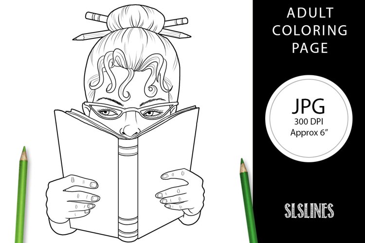 Book lover lady reading adult coloring page