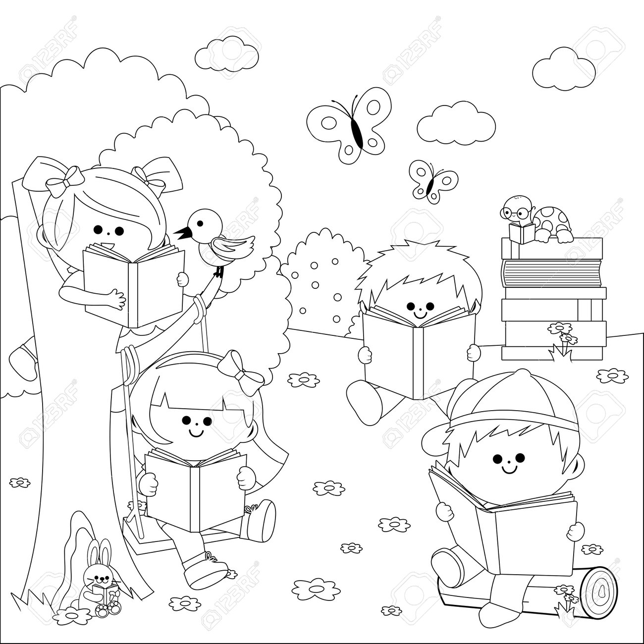 Children reading books at the park in nature vector black and white coloring page royalty free svg cliparts vectors and stock illustration image