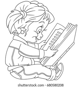 Coloring page preschool girl reading book stock vector royalty free