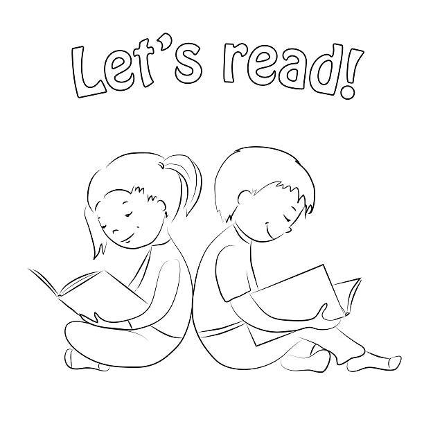 Kids reading books outline coloring page stock illustration
