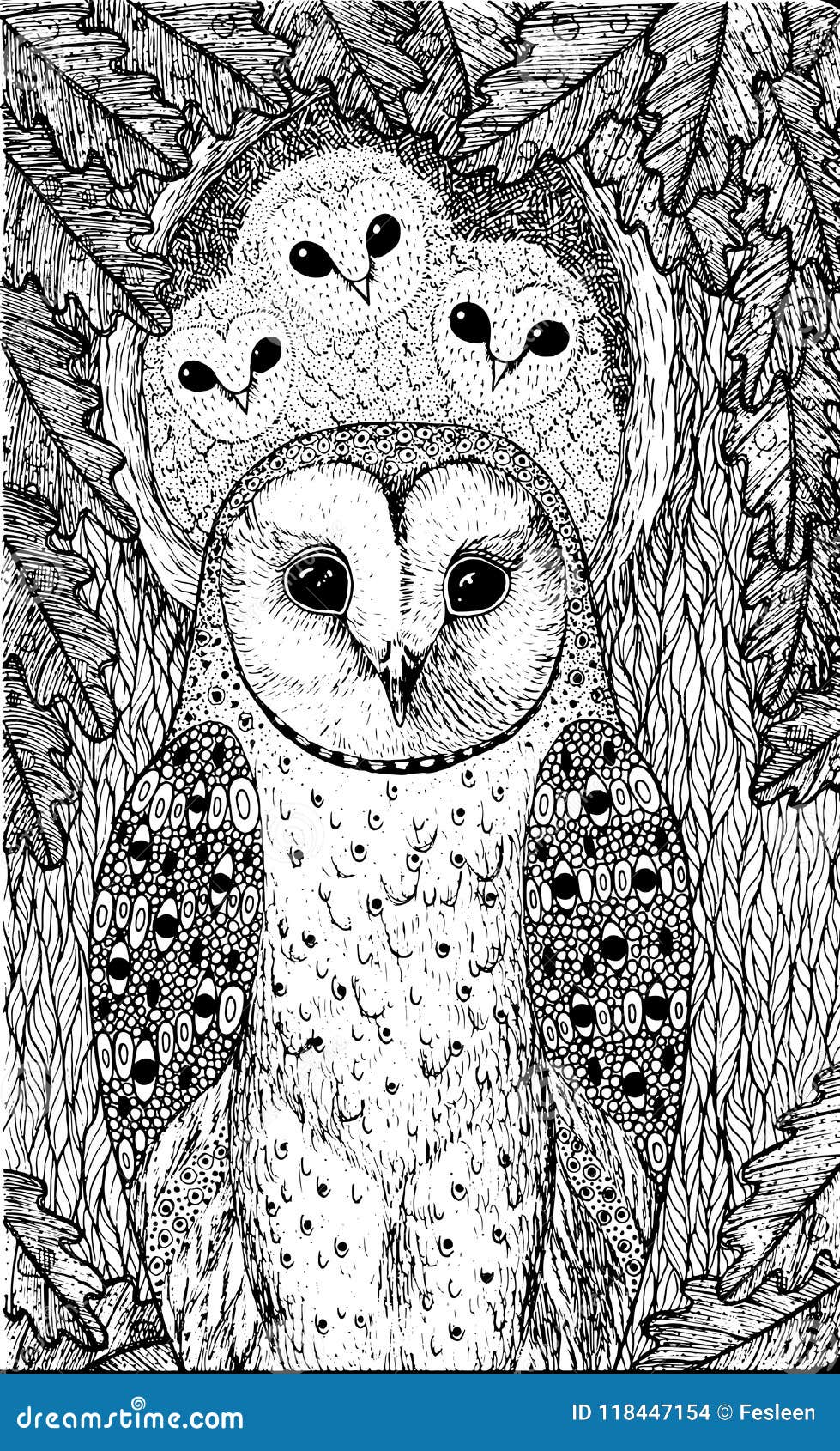 Coloring page for adults with owls on the oak tree realistic in stock vector