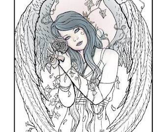 Coloring page printable gothic angel beautiful woman flowers wings fantasy art adult coloring instant digital download line art printable instant download