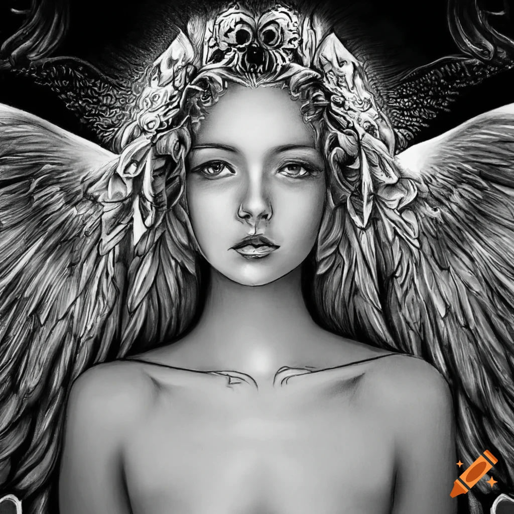 Black and white line drawing coloring page angel realistic detailed on