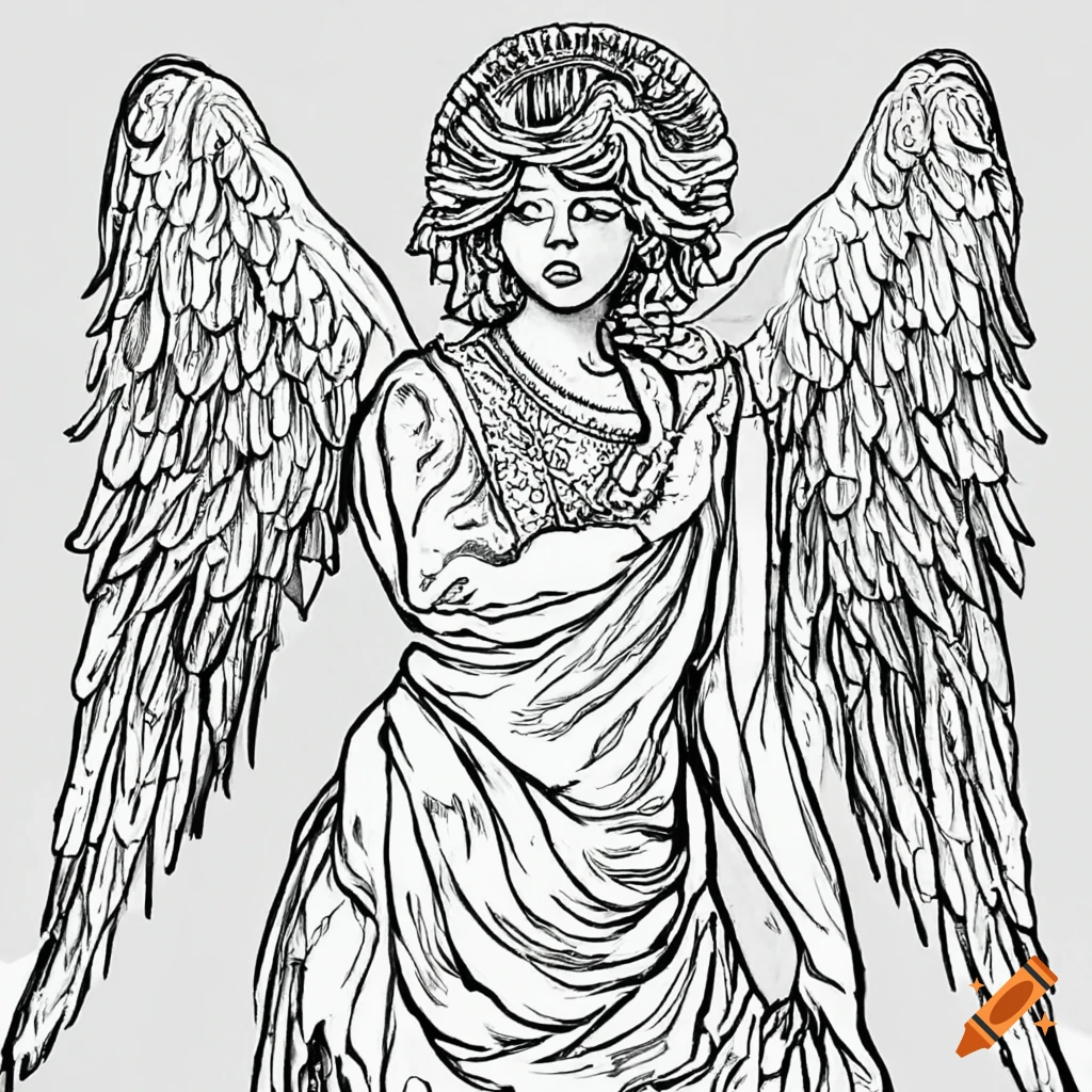 Black and white line drawing coloring page angel realistic detailed on