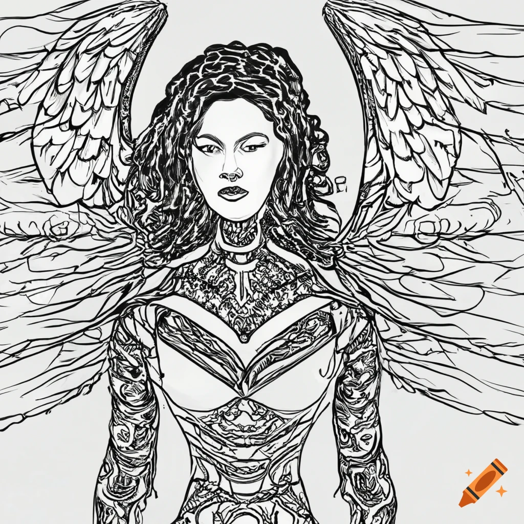 Black and white line drawing coloring page angel realistic detailed on