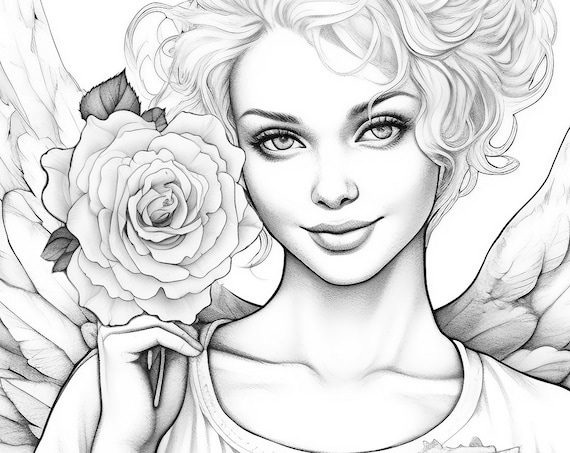 Angel with a rose coloring page for adults grayscale coloring page girl portrait instant download jpeg instant download