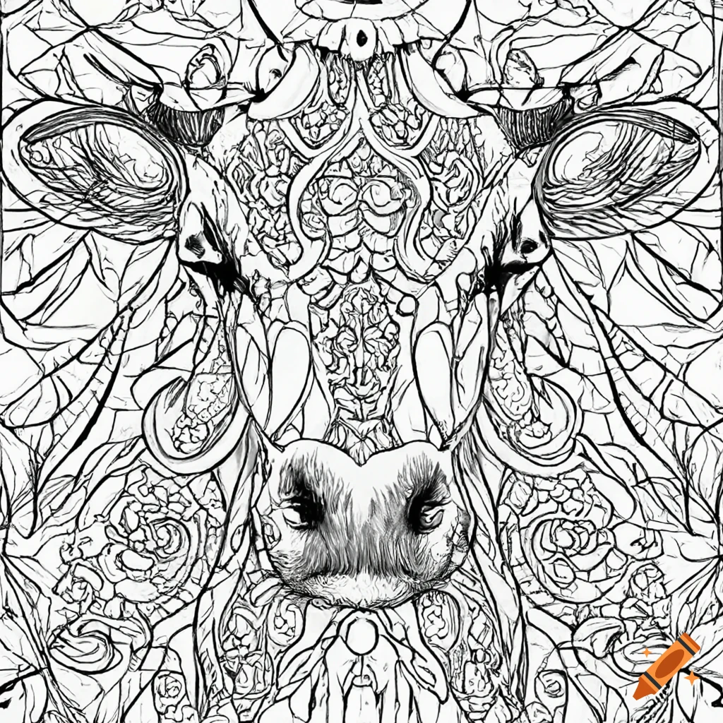 Coloring pages for adults imagine promptcoloring pages for adults cow at farm in the style of realistic drawing curled lines high detail fantasy world background black and white no shading in the