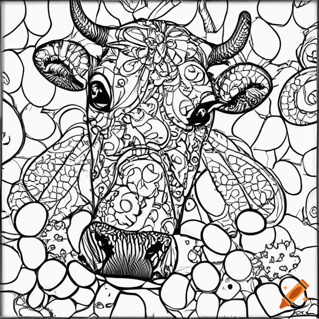 Cow colouring in page black and white realistic on