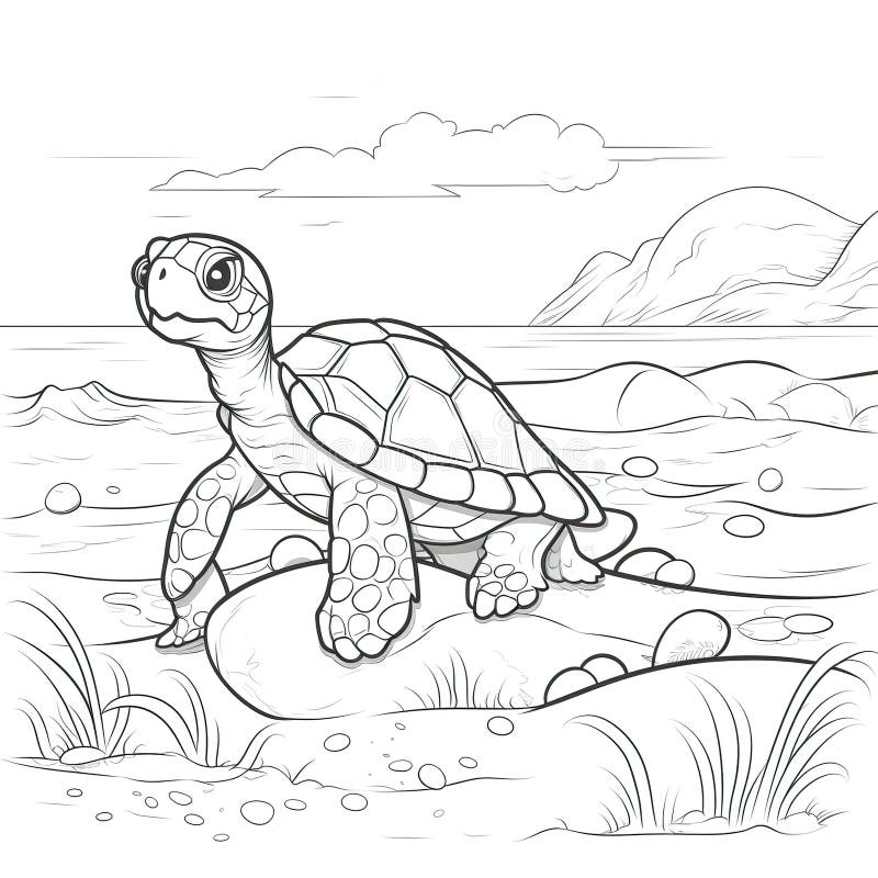 Kids coloring page of a turtle on the beach that is blank and downloadable for them to plete stock illustration