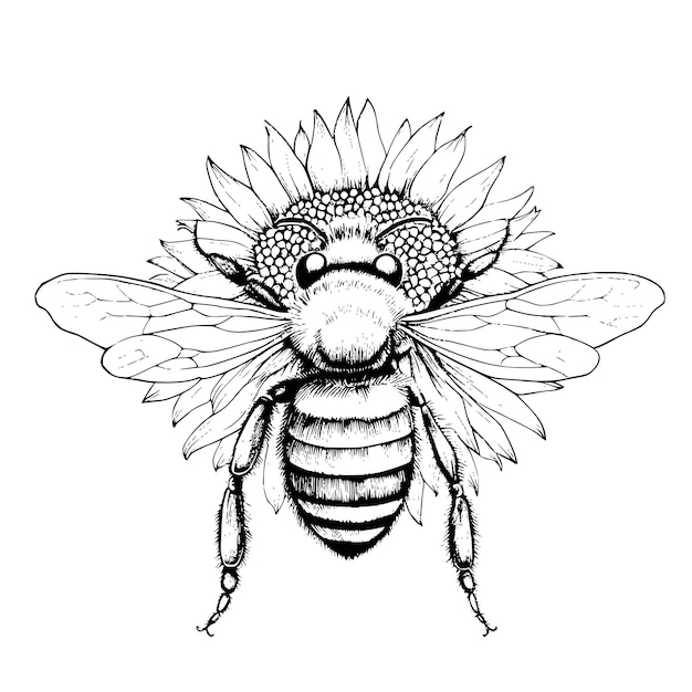 Premium vector bee with sunflower coloring pages for kids