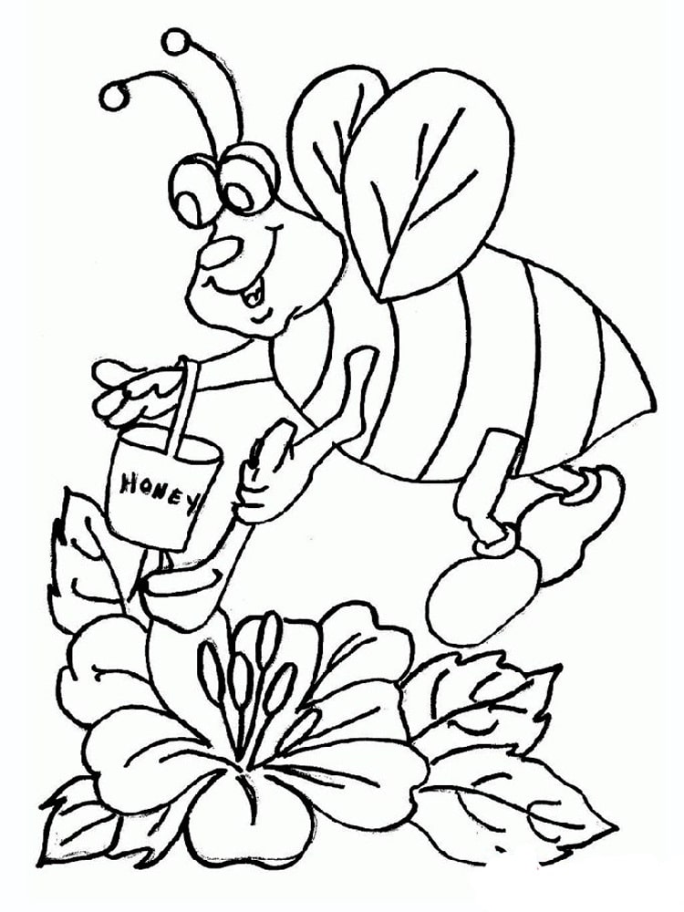 Bee making honey from flower nectar coloring page