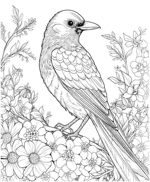 Premium vector magpie birds flowers coloring pages